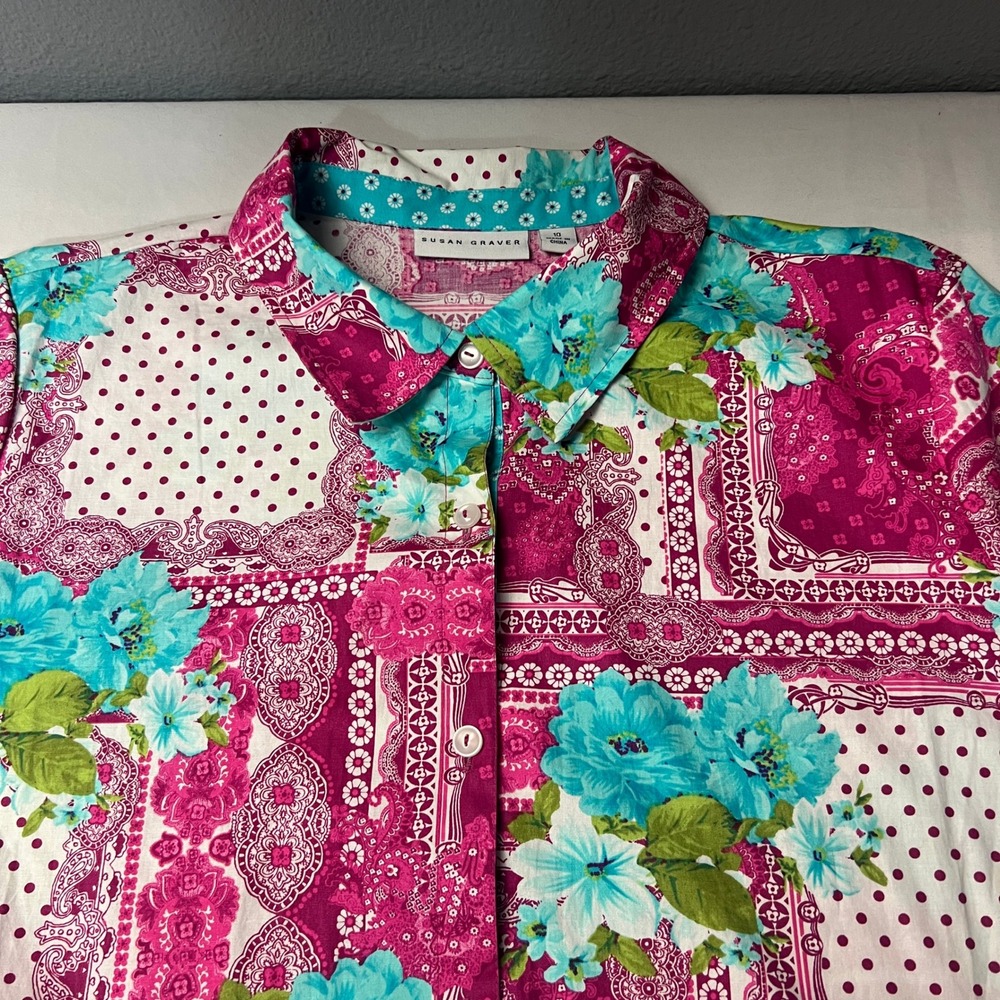 Susan Graver Patchwork Button Down Size 10 Floral… - image 1
